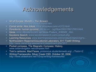 Acknowledgements Art of Europe, Munch –  The Scream ,  www.artofeurope.com/munch/mun3.htm   Camel smile, Aha Jokes,  www.ahajokes.com/crt313.html Daredevils: human pyramid,  pib.nic.in /.../pg26jan2003/26012003.html   Ideas,  www.allposters.com/-sp/Ideas-Posters_i838569_.htm   Keystone Search,  www.keystonesearch.com/contact.php   Learning Resources,  www.learningresources.com/product/improving+s ...   Northwestern Regional Educational Laboratory, 6+1 Trait® Writing,  http://www.nwrel.org/assessment/department.php?d=1 Pocket compass, The Magnetic Compass: History,  www.solarnavigator.net/compass.htm   Tom’s cartoons, Mad Faces,  protonicus.studentenweb.org /.../? tutnr =2   Writing Frameworks, Silver Creek CSD, October 30, 2006,  http://www.slideshare.net/TGray/writing-frameworks/ 