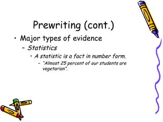 Prewriting (cont.) Major types of evidence Statistics A statistic is a fact in number form.  “ Almost 25 percent of our students are vegetarian”. 