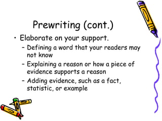 Prewriting (cont.) Elaborate on your support. Defining a word that your readers may not know Explaining a reason or how a piece of evidence supports a reason Adding evidence, such as a fact, statistic, or example 