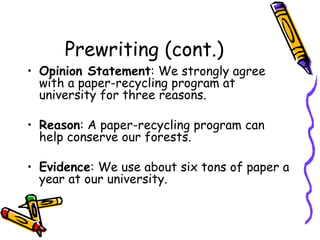 Prewriting (cont.) Opinion Statement : We strongly agree with a paper-recycling program at university for three reasons.  Reason : A paper-recycling program can help conserve our forests. Evidence : We use about six tons of paper a year at our university. 