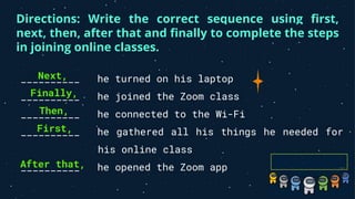 he turned on his laptop
he joined the Zoom class
he connected to the Wi-Fi
he gathered all his things he needed for
his online class
he opened the Zoom app
Directions: Write the correct sequence using first,
next, then, after that and finally to complete the steps
in joining online classes.
__________
__________
__________
__________
__________
First,
Next,
Then,
After that,
Finally,
 