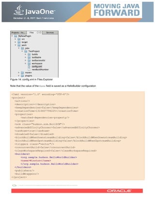 Figure 14: config.xml in Files Explorer
Note that the value of the Name field is saved as a HelloBuilder configuration
<?xml version='1.0' encoding='UTF-8'?>
<project>
<actions/>
<description></description>
<keepDependencies>false</keepDependencies>
<creationTime>1314407794225</creationTime>
<properties>
<watched-dependencies-property/>
</properties>
<scm class="hudson.scm.NullSCM"/>
<advancedAffinityChooser>false</advancedAffinityChooser>
<canRoam>true</canRoam>
<disabled>false</disabled>
<blockBuildWhenDownstreamBuilding>false</blockBuildWhenDownstreamBuilding>
<blockBuildWhenUpstreamBuilding>false</blockBuildWhenUpstreamBuilding>
<triggers class="vector"/>
<concurrentBuild>false</concurrentBuild>
<cleanWorkspaceRequired>false</cleanWorkspaceRequired>
<builders>
<org.sample.hudson.HelloWorldBuilder>
<name>Winston</name>
</org.sample.hudson.HelloWorldBuilder>
</builders>
<publishers/>
<buildWrappers/>
</project>
 
