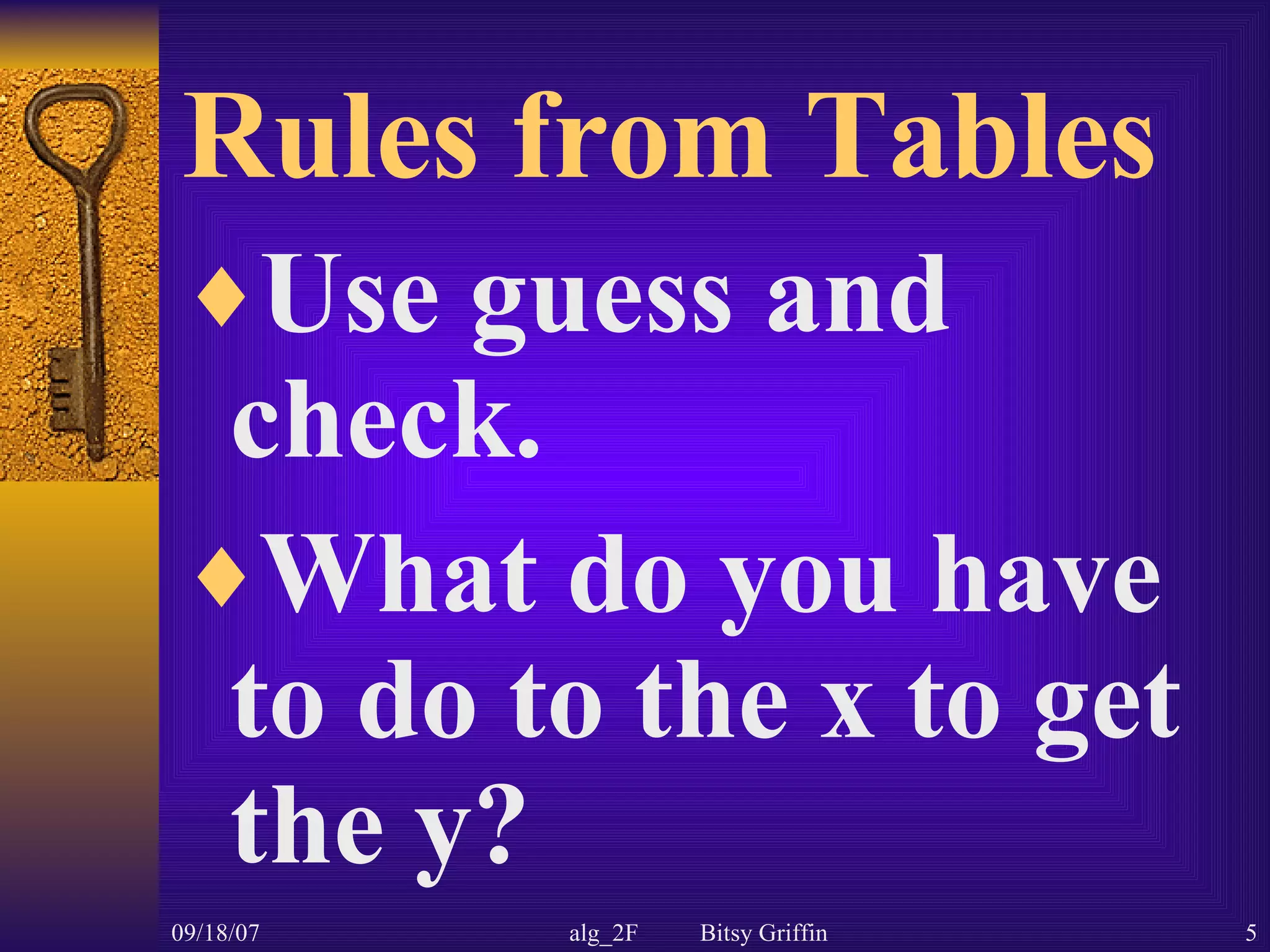 Rules from Tables Use guess and check. What do you have to do to the x to get the y?