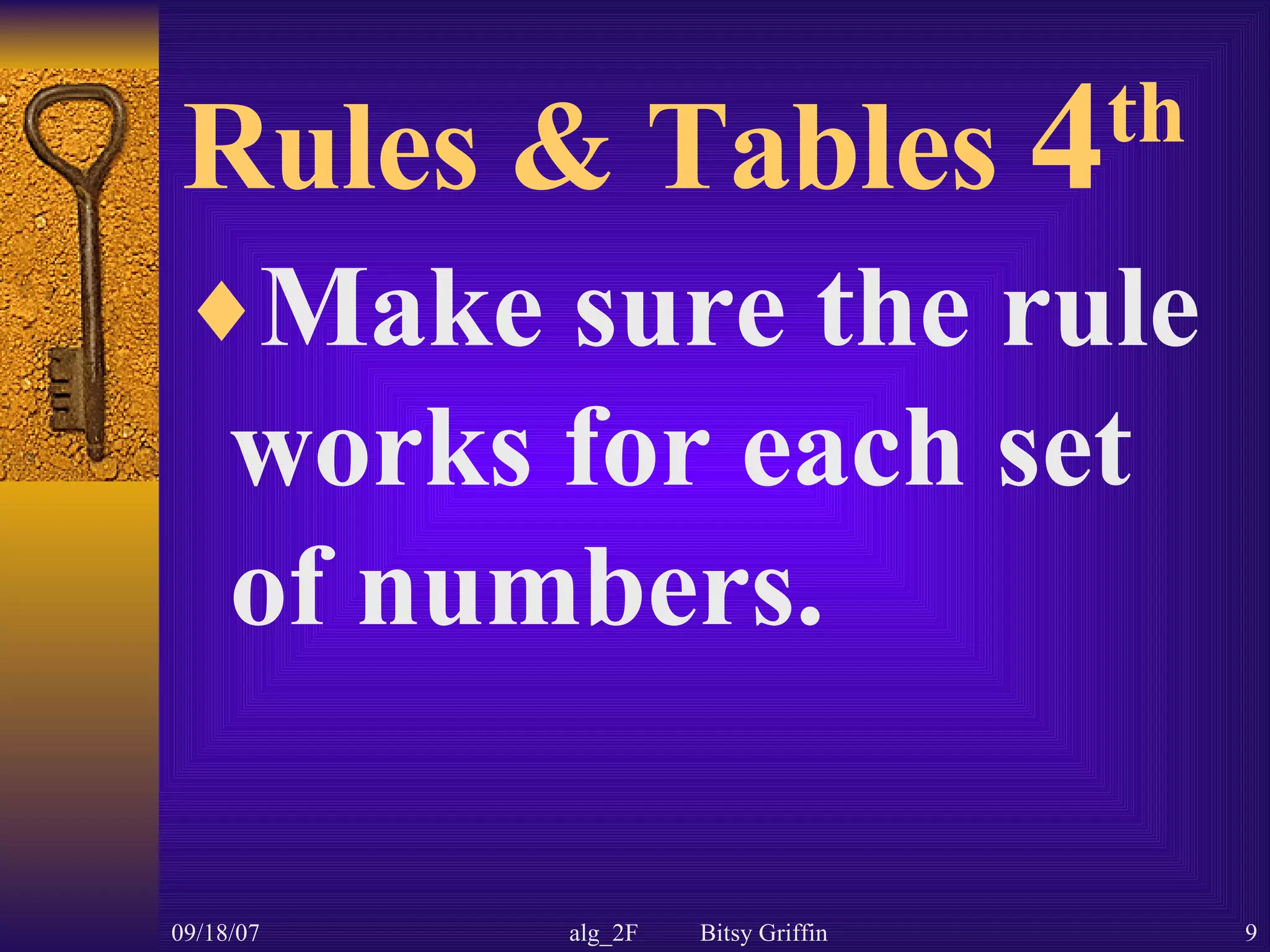 Rules & Tables 4 th Make sure the rule works for each set of numbers.