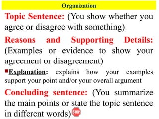 Organization
Topic Sentence: (You show whether you
agree or disagree with something)
Reasons and Supporting Details:
(Examples or evidence to show your
agreement or disagreement)
Explanation: explains how your examples
support your point and/or your overall argument
Concluding sentence: (You summarize
the main points or state the topic sentence
in different words)
 