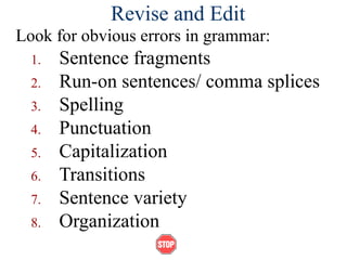 Revise and Edit
Look for obvious errors in grammar:
1. Sentence fragments
2. Run-on sentences/ comma splices
3. Spelling
4. Punctuation
5. Capitalization
6. Transitions
7. Sentence variety
8. Organization
 