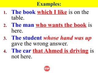 Examples:
1. The book which I like is on the
table.
2. The man who wants the book is
here.
3. The student whose hand was up
gave the wrong answer.
4. The car that Ahmed is driving is
not here.
 