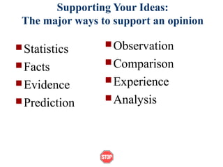 Supporting Your Ideas:
The major ways to support an opinion
Statistics
Facts
Evidence
Prediction
Observation
Comparison
Experience
Analysis
 
