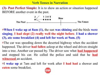 Verb Tenses in Narration
(3)- Past Perfect Simple: It is to show an action or situation happened
BEFORE another event in the past.
nWhen I woke up at 8am (1), the sun was shining and the birds were
singing. I had slept (2) really well the night before. I had a shower
(3), ate some breakfast (4) and left for work at 9am. (5)
nThe car was speeding down the deserted highway when the accident
happened. The driver had fallen asleep at the wheel and driven straight
into a tree. Another car passed by. The driver saw what had happened
and stopped his car. He called the police and said that he had
witnessed an accident.
nI woke up at 7am and left for work after I had had a shower and
eaten some breakfast.
 