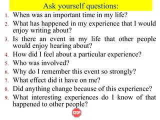 Ask yourself questions:
1. When was an important time in my life?
2. What has happened in my experience that I would
enjoy writing about?
3. Is there an event in my life that other people
would enjoy hearing about?
4. How did I feel about a particular experience?
5. Who was involved?
6. Why do I remember this event so strongly?
7. What effect did it have on me?
8. Did anything change because of this experience?
9. What interesting experiences do I know of that
happened to other people?
 