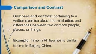 Comparison and Contrast
Compare and contrast pertaining to a
written exercise about the similarities and
differences between two or more people,
places, or things.
Example: Time in Philippines is similar
to time in Beijing China.
 