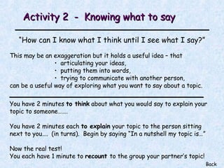 Activity 2  -  Knowing what to say “ How can I know what I think until I see what I say?” This may be an exaggeration but it holds a useful idea – that  articulating your ideas,  putting them into words,  trying to communicate with another person,  can be a useful way of exploring what you want to say about a topic. You have 2 minutes  to think  about what you would say to explain your topic to someone…….  You have 2 minutes each  to explain  your topic to the person sitting next to you….  (in turns).  Begin by saying “In a nutshell my topic is…” Now the real test! You each have 1 minute to  recount  to the group your partner’s topic! Back 