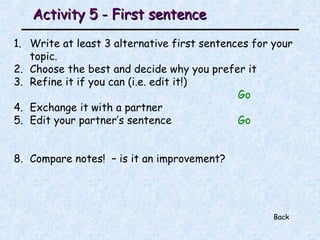 Activity 5 - First sentence Write at least 3 alternative first sentences for your topic. Choose the best and decide why you prefer it Refine it if you can (i.e. edit it!) Go Exchange it with a partner Edit your partner’s sentence  Go Compare notes!  – is it an improvement? Back 