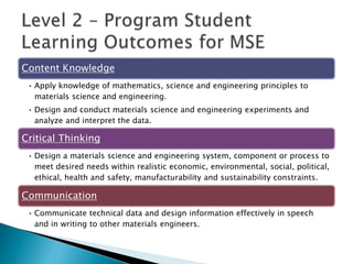 Content Knowledge
• Apply knowledge of mathematics, science and engineering principles to
materials science and engineering.
• Design and conduct materials science and engineering experiments and
analyze and interpret the data.
Critical Thinking
• Design a materials science and engineering system, component or process to
meet desired needs within realistic economic, environmental, social, political,
ethical, health and safety, manufacturability and sustainability constraints.
Communication
• Communicate technical data and design information effectively in speech
and in writing to other materials engineers.
 