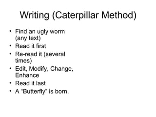 Writing (Caterpillar Method) Find an ugly worm (any text) Read it first Re-read it (several times) Edit, Modify, Change, Enhance Read it last A “Butterfly” is born. 