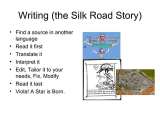 Writing (the Silk Road Story) Find a source in another language Read it first Translate it Interpret it Edit, Tailor it to your needs, Fix, Modify Read it last Viola! A Star is Born. 