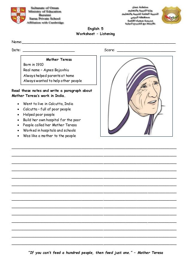 Worksheet Writing activity about Mother Teresa