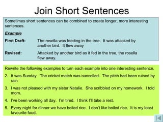 Join Short Sentences Sometimes short sentences can be combined to create longer, more interesting sentences. Example First Draft: The rosella was feeding in the tree.  It was attacked by  another bird.  It flew away Revised: Attacked by another bird as it fed in the tree, the rosella  flew away. Rewrite the following examples to turn each example into one interesting sentence. It was Sunday.  The cricket match was cancelled.  The pitch had been ruined by rain I was not pleased with my sister Natalie.  She scribbled on my homework.  I told mom. I’ve been working all day.  I’m tired.  I think I’ll take a rest. Every night for dinner we have boiled rice.  I don’t like boiled rice.  It is my least favourite food. 