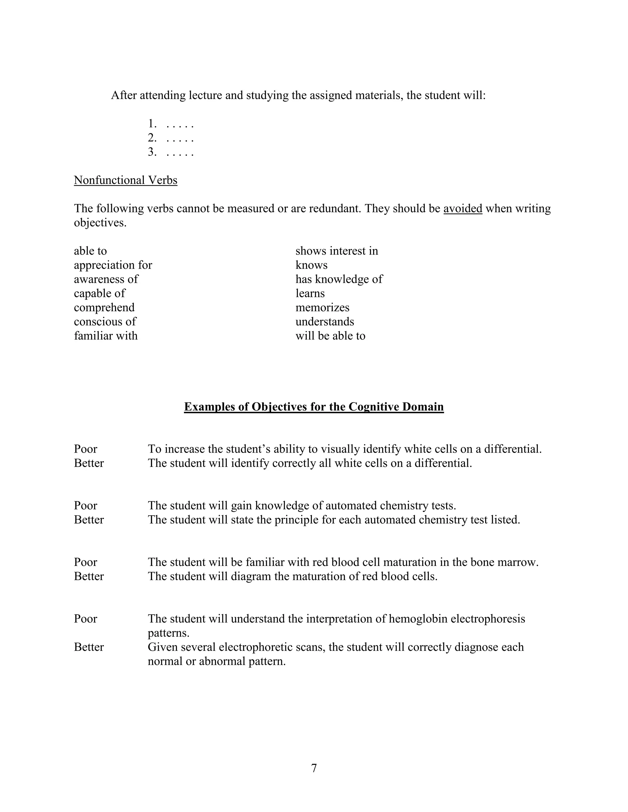 After attending lecture and studying the assigned materials, the student will:

                1. . . . . .
                2. . . . . .
                3. . . . . .

Nonfunctional Verbs

The following verbs cannot be measured or are redundant. They should be avoided when writing
objectives.

able to                                        shows interest in
appreciation for                               knows
awareness of                                   has knowledge of
capable of                                     learns
comprehend                                     memorizes
conscious of                                   understands
familiar with                                  will be able to




                         Examples of Objectives for the Cognitive Domain


Poor            To increase the student’s ability to visually identify white cells on a differential.
Better          The student will identify correctly all white cells on a differential.


Poor            The student will gain knowledge of automated chemistry tests.
Better          The student will state the principle for each automated chemistry test listed.


Poor            The student will be familiar with red blood cell maturation in the bone marrow.
Better          The student will diagram the maturation of red blood cells.


Poor            The student will understand the interpretation of hemoglobin electrophoresis
                patterns.
Better          Given several electrophoretic scans, the student will correctly diagnose each
                normal or abnormal pattern.




                                                   7
 