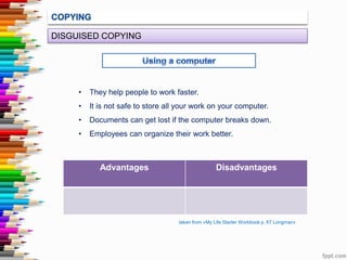 DISGUISED COPYING

•

They help people to work faster.

•

It is not safe to store all your work on your computer.

•

Documents can get lost if the computer breaks down.

•

Employees can organize their work better.

Advantages

Disadvantages

taken from «My Life Starter Workbook p. 67 Longman»

 
