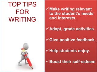 Make writing relevant
to the student’s needs
and interests.
Adapt, grade activities.

Give positive feedback.
Help students enjoy.
Boost their self-esteem

 