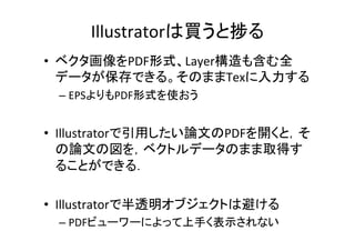 参照について、その５	
•  参照ラベルは種類に応じて変えると良い	
  
– Sec8on	
  	
  	
  	
  →　label{sec:hogehoge}	
  
– Figure	
  	
  	
  	
  	
  	
  →　label{ﬁg:hogehoge}	
  
– Table	
  	
  	
  	
  	
  	
  	
  →　label{tbl:hogehoge}	
  
– Equa8on	
  →　label{eqn:hogehoge}	
  
•  前置詞を忘れない	
  
– ☓systems	
  are	
  studied	
  [45]	
  	
  
– ○systems	
  are	
  studied	
  in	
  [45]	
  
•  ４つの絵が並ぶ際，それぞれ次のように呼ぶ：	
  
– Lecmost,	
  middle	
  lec,	
  middle	
  right,	
  right	
  most	
  
 