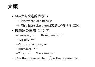 文頭	
•  Alsoから文を始めない	
  
– Furthermore,	
  Addi8onally	
  
– ◯This	
  ﬁgure	
  also	
  shows	
  (文頭じゃなければOK)	
  
•  接続詞の直後にコンマ	
  
– However,	
  〜　　　Nevertheless,	
  〜	
  
– Typically,	
  〜	
  
– On	
  the	
  other	
  hand,	
  〜	
  
– Moreover，〜	
  
– Thus，〜　　　Therefore,	
  〜	
  
•  ☓in	
  the	
  mean	
  while,	
  　◯in	
  the	
  meanwhile,	
  
 