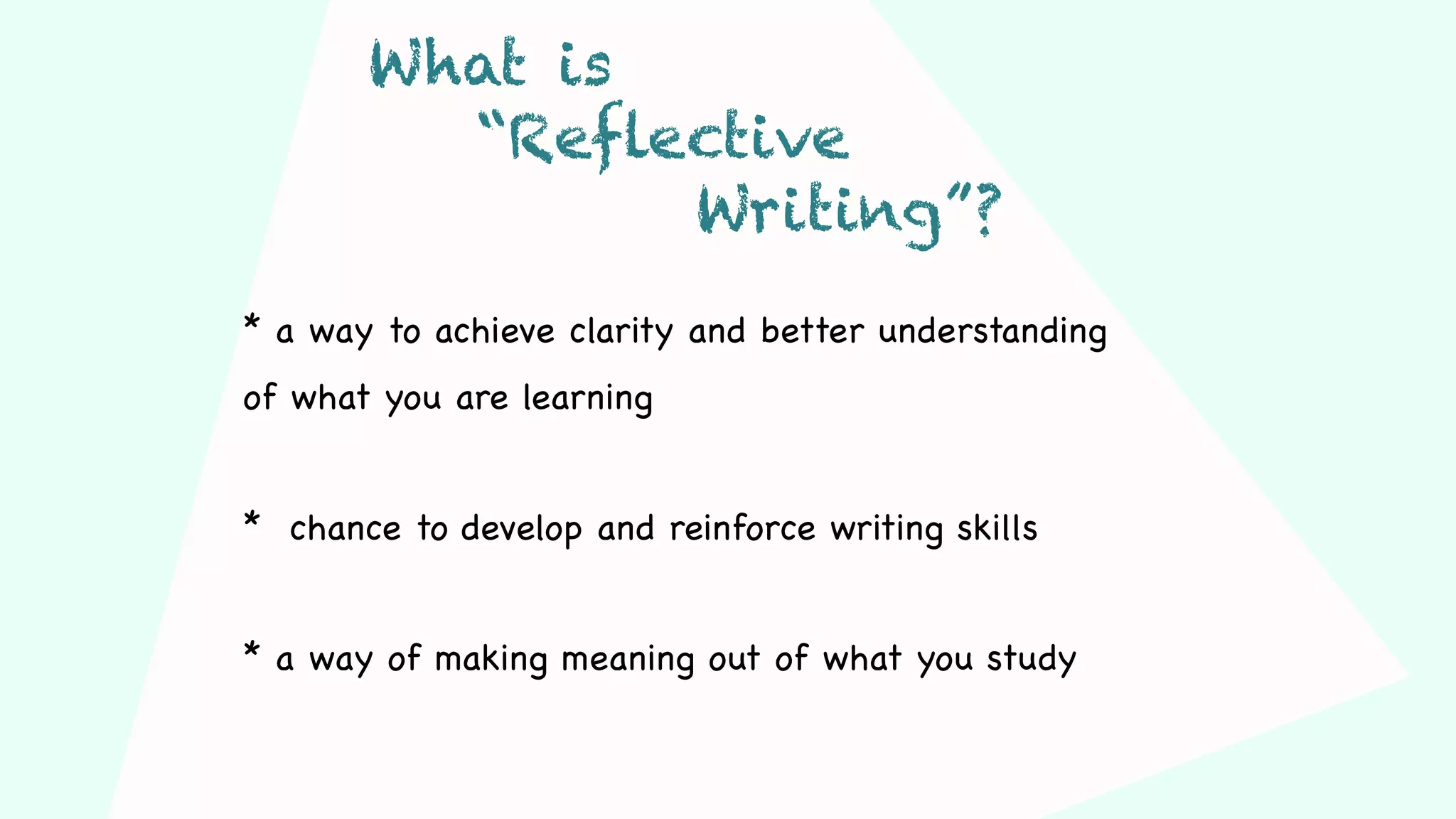 * a way to achieve clarity and better understanding
of what you are learning
* chance to develop and reinforce writing skills
* a way of making meaning out of what you study
What is
“Reflective
Writing”?
 