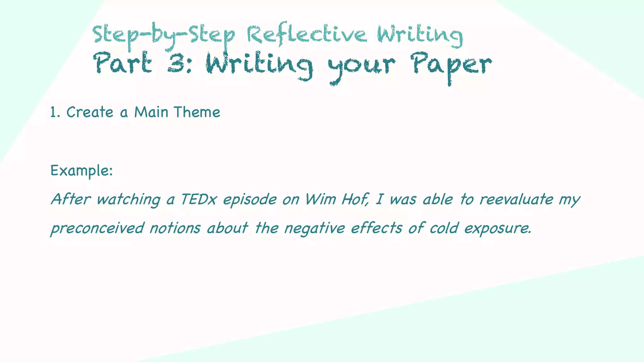 Step 03Step 01 Step 02
1. Create a Main Theme
Example:
After watching a TEDx episode on Wim Hof, I was able to reevaluate my
preconceived notions about the negative effects of cold exposure.
Step-by-Step Reflective Writing
Part 3: Writing your Paper
 