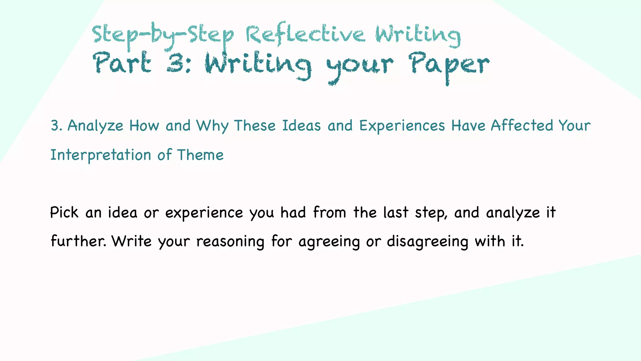 Step 03Step 01 Step 02
3. Analyze How and Why These Ideas and Experiences Have Affected Your
Interpretation of Theme
Pick an idea or experience you had from the last step, and analyze it
further. Write your reasoning for agreeing or disagreeing with it.
Step-by-Step Reflective Writing
Part 3: Writing your Paper
 