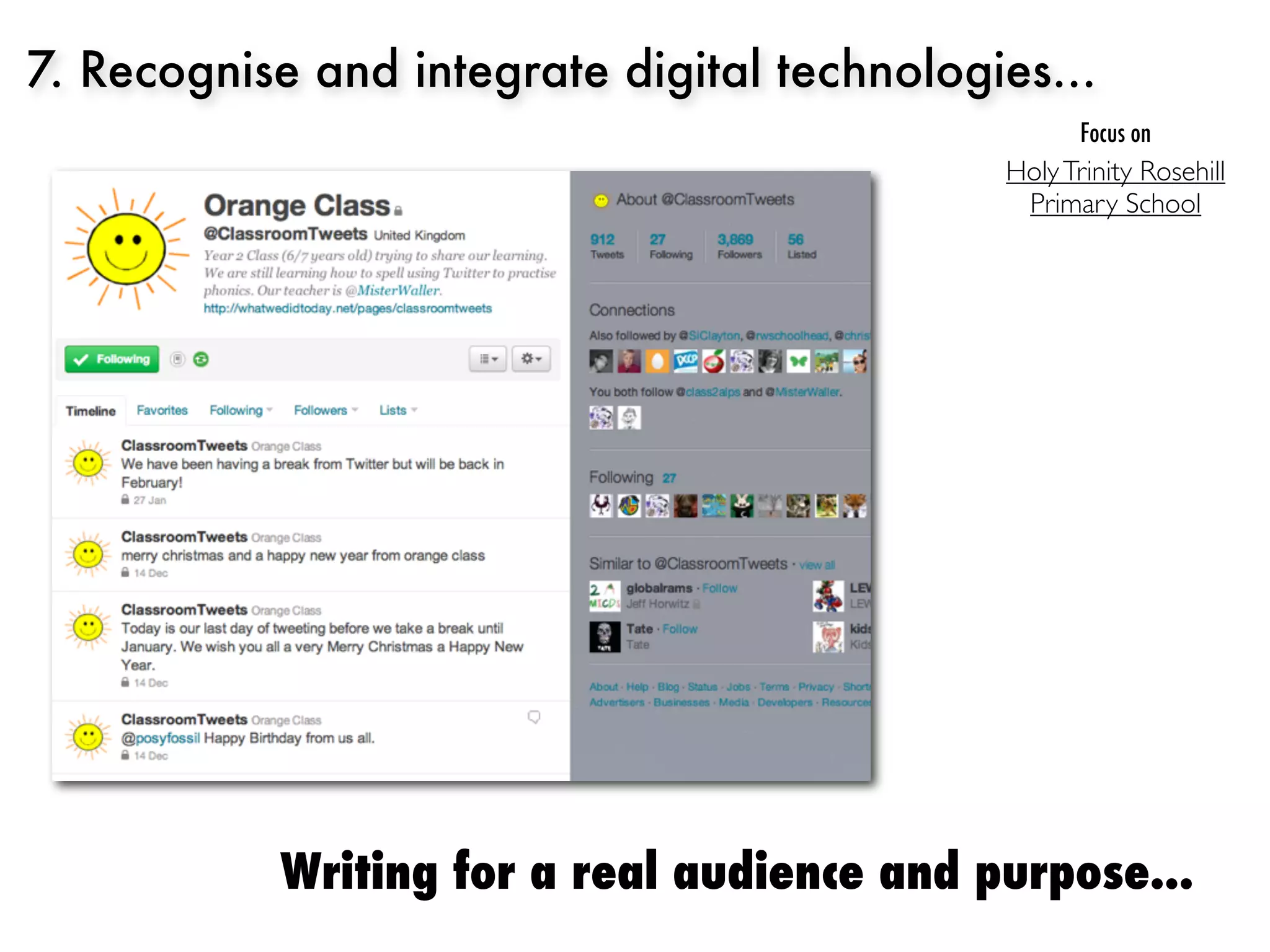 7. Recognise and integrate digital technologies...
                                                    Focus on
                                             Holy Trinity Rosehill
                                              Primary School




           Writing for a real audience and purpose...
 