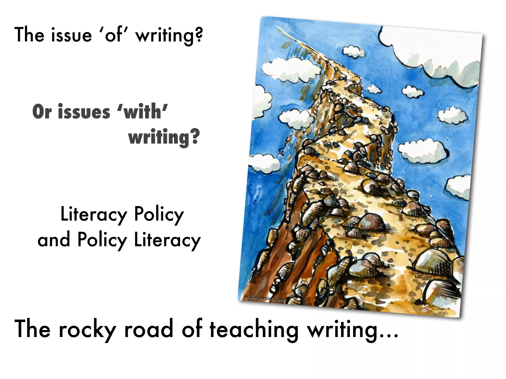 The issue ‘of’ writing?
	

  Or issues ‘with’
  	 	 	 	 writing?



	 	 Literacy Policy
	 and Policy Literacy



The rocky road of teaching writing...
 