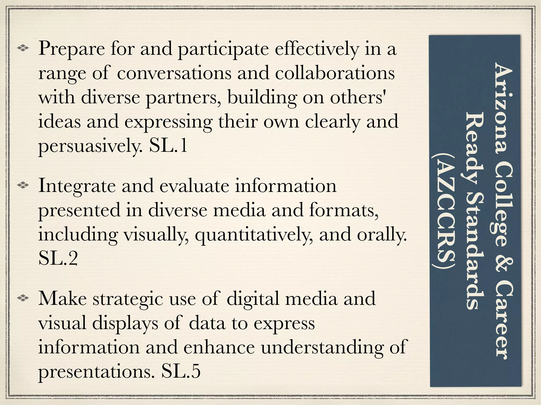 Prepare for and participate effectively in a
range of conversations and collaborations
with diverse partners, building on others'
ideas and expressing their own clearly and
persuasively. SL.1
Integrate and evaluate information
presented in diverse media and formats,
including visually, quantitatively, and orally.
SL.2
Make strategic use of digital media and
visual displays of data to express
information and enhance understanding of
presentations. SL.5
ArizonaCollege&Career
ReadyStandards
(AZCCRS)
 