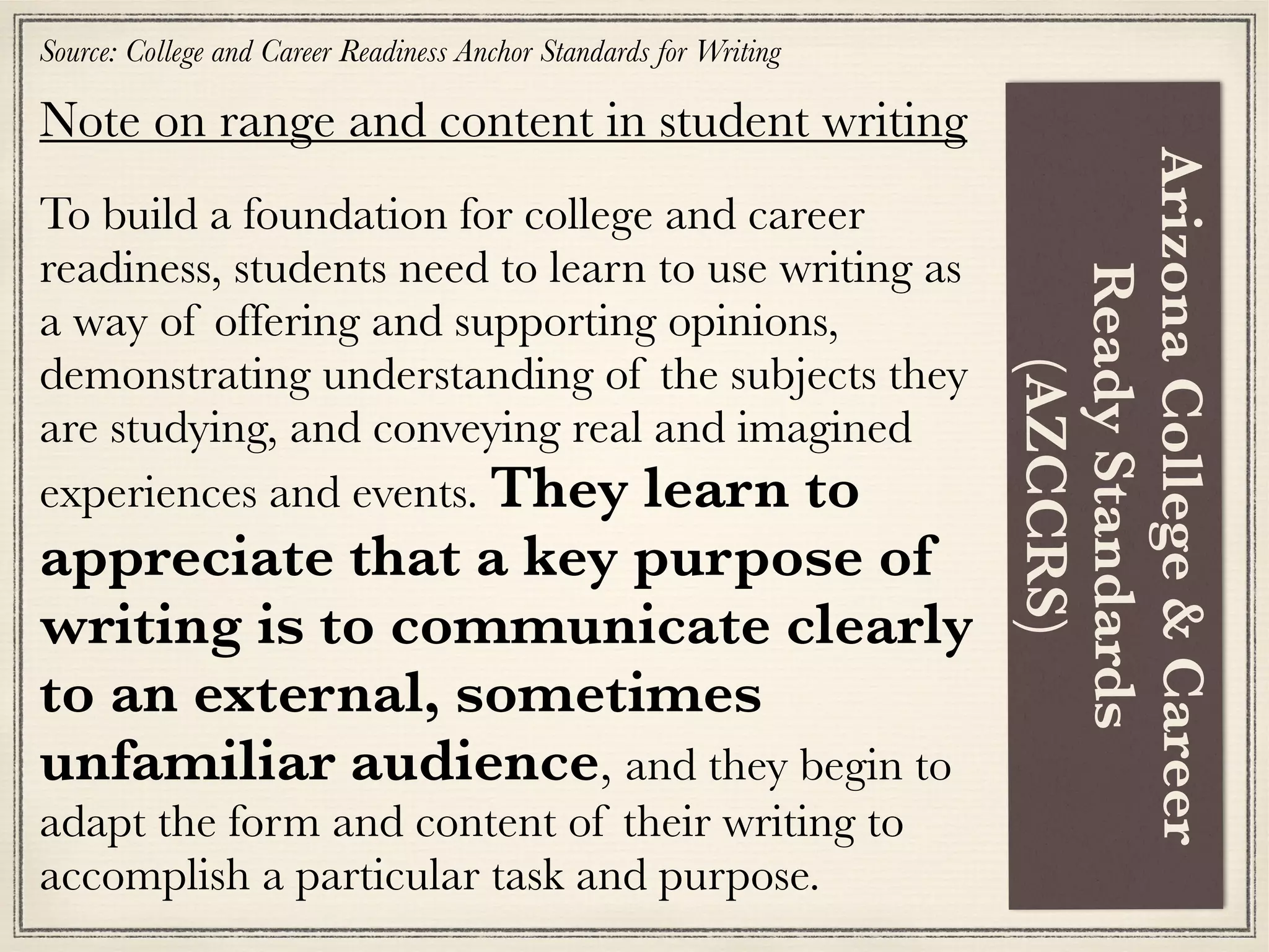 Note on range and content in student writing
To build a foundation for college and career
readiness, students need to learn to use writing as
a way of offering and supporting opinions,
demonstrating understanding of the subjects they
are studying, and conveying real and imagined
experiences and events. They learn to
appreciate that a key purpose of
writing is to communicate clearly
to an external, sometimes
unfamiliar audience, and they begin to
adapt the form and content of their writing to
accomplish a particular task and purpose.
ArizonaCollege&Career
ReadyStandards
(AZCCRS)
Source: College and Career Readiness Anchor Standards for Writing
 