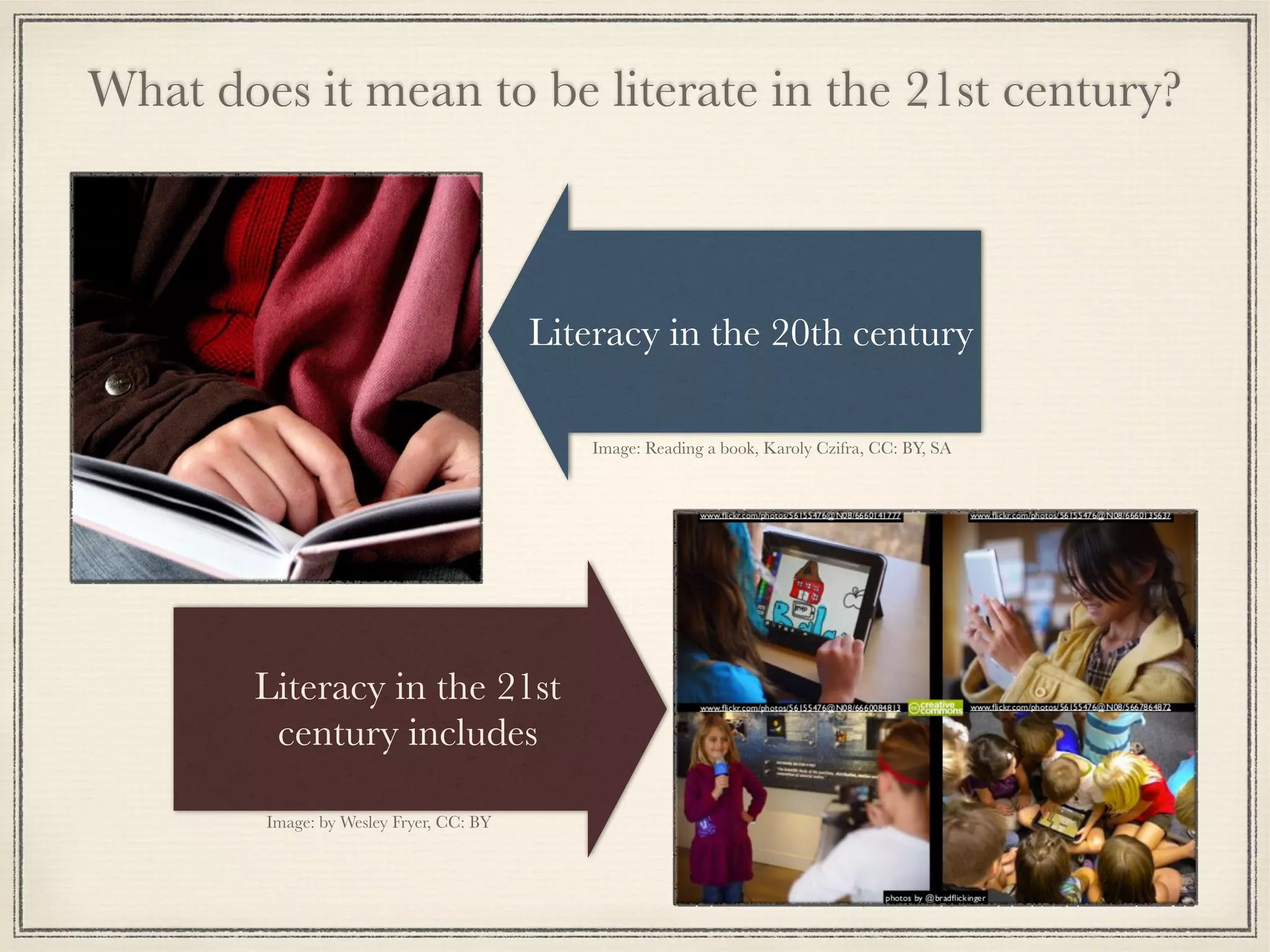 What does it mean to be literate in the 21st century?
Literacy in the 21st
century includes
Literacy in the 20th century
Image: Reading a book, Karoly Czifra, CC: BY, SA
Image: by Wesley Fryer, CC: BY
 