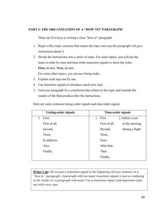 40
PART 2: THE ORGANIZATION OF A “HOW TO” PARAGRAPH
There are five keys to writing a clear “how to” paragraph
1. Begin with a topic sentence that names the topic and says the paragraph will give
instructions about it.
2. Divide the instructions into a series of steps. For some topics, you will put the
steps in order by time and time-order transition signals to show the order.
First, do this. Next, do that.
For some other topics, you can use listing order.
3. Explain each step one by one.
4. Use transition signals to introduce easch new step.
5. End your paragraph by a conclusion that relates to the topic and reminds the
readers of the final product after the instructions.
Here are some common listing-order signals and time-order signals
Listing-order signals Time-order signals
1. First,
First of all,
Second,
Third,
In addition,
Also,
Finally,
1. First 2. before a test
First of all, in the morning
Second, during a flight
Third,
Next,
After that,
Then
Finally,
Writer’s tip: Do not put a transition signal at the beginning of every sentence in a
“how to” paragraph. A pararaph with too many transition signals is just as confusing
to the reader as a paragraph with none! Use a transition signal with important steps,
not with every step.
 