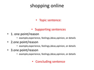 shopping online
• Topic sentence:
• Supporting sentences
• 1. one point/reason
• example,experience, feelings,ideas,opinion, or details
• 2.one point/reason
• example,experience, feelings,ideas,opinion, or details
• 3.one point/reason
• example,experience, feelings,ideas,opinion, or details
• Concluding sentence
 