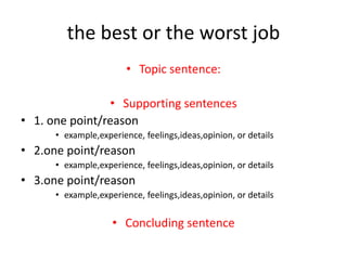 the best or the worst job
• Topic sentence:
• Supporting sentences
• 1. one point/reason
• example,experience, feelings,ideas,opinion, or details
• 2.one point/reason
• example,experience, feelings,ideas,opinion, or details
• 3.one point/reason
• example,experience, feelings,ideas,opinion, or details
• Concluding sentence
 