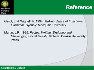 ReferenceUniversitas
Sumatera
Utara
Fakultas Ilmu Budaya
Gerot, L. & Wignell, P. 1994. Making Sense of Functional
Grammar. Sydney: Macquirie University.
Martin, J.R. 1985. Factual Writing: Exploring and
Challenging Social Reality. Victoria: Deakin University
Press.
 