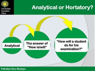 Analytical or Hortatory?Universitas
Sumatera
Utara
Fakultas Ilmu Budaya
Analytical
The answer of
“How is/will”
“How will a student
do for his
examination?”
 