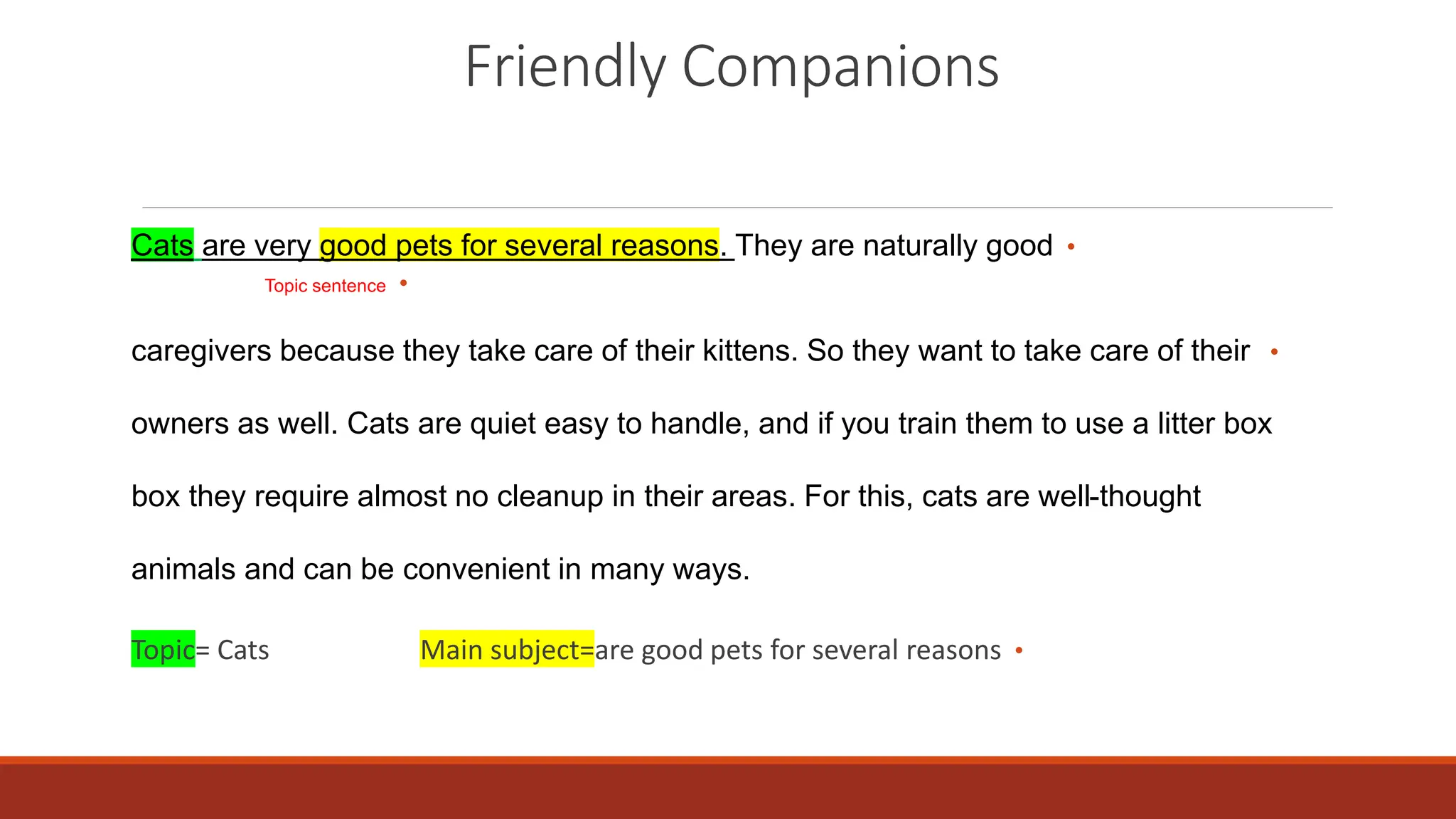 Friendly Companions
•
Cats are very good pets for several reasons. They are naturally good
•
Topic sentence
•
caregivers because they take care of their kittens. So they want to take care of their
owners as well. Cats are quiet easy to handle, and if you train them to use a litter box
box they require almost no cleanup in their areas. For this, cats are well-thought
animals and can be convenient in many ways.
•
Topic= Cats Main subject=are good pets for several reasons
 