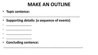 MAKE AN OUTLINE
• Topic sentence:
………………………………………………………………………..……..
• Supporting details: (a sequence of events)
- …………………………
- …………………………
- …………………………
- …………………………
• Concluding sentence:
………………………………………………………………………………….
 