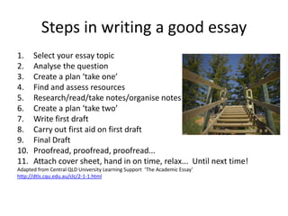 Steps in writing a good essay
1.    Select your essay topic
2.    Analyse the question
3.    Create a plan ‘take one’
4.    Find and assess resources
5.    Research/read/take notes/organise notes
6.    Create a plan ‘take two’
7.    Write first draft
8.    Carry out first aid on first draft
9.    Final Draft
10.   Proofread, proofread, proofread...
11.   Attach cover sheet, hand in on time, relax... Until next time!
Adapted from Central QLD University Learning Support ‘The Academic Essay’
http://dtls.cqu.edu.au/clc/2-1-1.html
 