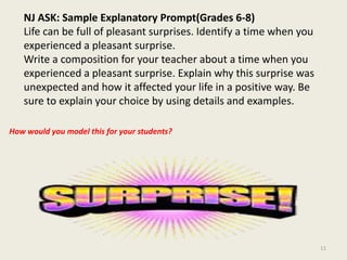 NJ ASK: Sample Explanatory Prompt(Grades 6-8)Life can be full of pleasant surprises. Identify a time when you experienced a pleasant surprise.Write a composition for your teacher about a time when you experienced a pleasant surprise. Explain why this surprise was unexpected and how it affected your life in a positive way. Be sure to explain your choice by using details and examples. How would you model this for your students?11