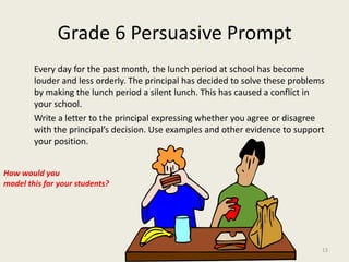 Grade 6 Persuasive Prompt      Every day for the past month, the lunch period at school has become louder and less orderly. The principal has decided to solve these problems by making the lunch period a silent lunch. This has caused a conflict in your school.       Write a letter to the principal expressing whether you agree or disagree with the principal’s decision. Use examples and other evidence to support your position.How would youmodel this for your students?13