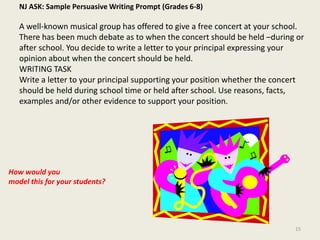NJ ASK: Sample Persuasive Writing Prompt (Grades 6-8)A well-known musical group has offered to give a free concert at your school. There has been much debate as to when the concert should be held –during or after school. You decide to write a letter to your principal expressing your opinion about when the concert should be held. WRITING TASKWrite a letter to your principal supporting your position whether the concert should be held during school time or held after school. Use reasons, facts, examples and/or other evidence to support your position. How would youmodel this for your students?15