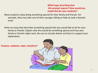 Which type of writing does this prompt require? How would youmodel this for your students?   Many students enjoy doing something special for their family and friends. For example, they may take care of their younger sibling or help to cook a favorite meal.  Write an essay that describes something special that you would like to do for your family or friends. Explain why this would be something special and how your family or friends might react. Be sure to include details and facts to support your explanation.         Purpose, audience, topic, and form?18