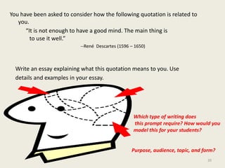 You have been asked to consider how the following quotation is related to you.“It is not enough to have a good mind. The main thing is              to use it well.”	                                         	   --René Descartes (1596 – 1650)       Write an essay explaining what this quotation means to you. Use    details and examples in your essay.Which type of writing does this prompt require? How would youmodel this for your students?Purpose, audience, topic, and form?20