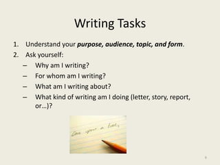 Writing TasksUnderstand your purpose, audience, topic, and form.Ask yourself:Why am I writing?For whom am I writing?What am I writing about?What kind of writing am I doing (letter, story, report, or…)?	6